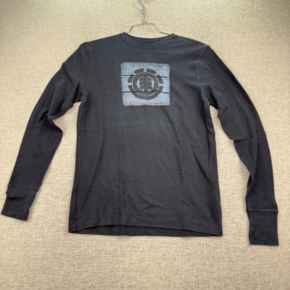 Element Mens Long Sleeve Thermal Waffle Knit Shirt Black Y2K Skater Logo Medium